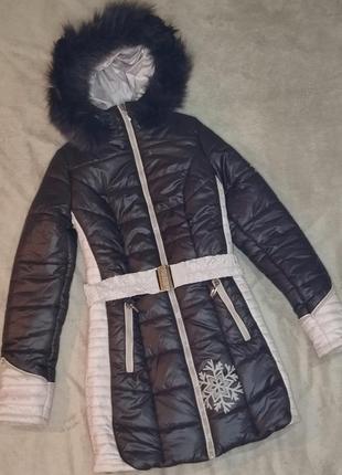 Жіноча зимова коричнево-бежева куртка з поясом -гумкою 42 44 46 48