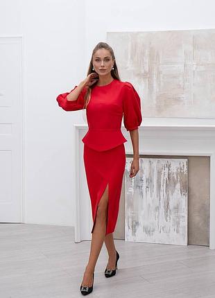 Женский костюм двойка блуза с рукавом 3/4 и юбка миди с разрезом спереди креп диагональ