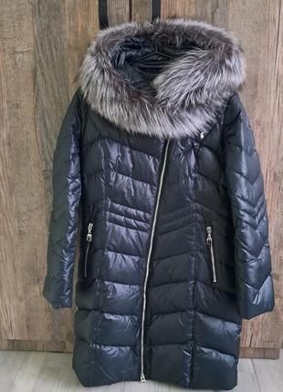 Зимняя пуховая куртка л темно зеленая натуральный мех