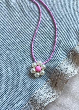 Бусы подвеска розовый цветок из бисера