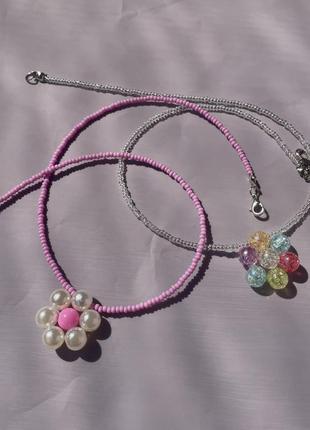 Бусы подвеска розовый цветок из бисера