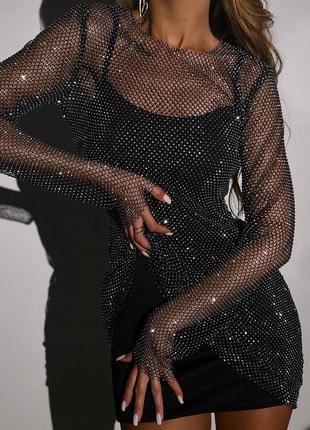 Сяюча сукня міні з сіткою зі стразами, святкова сукня міні з блискучою сіткою, сукня на но...