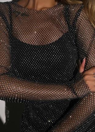 Сяюча сукня міні з сіткою зі стразами, святкова сукня міні з блискучою сіткою, сукня на но...