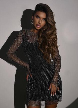 Сяюча сукня міні з сіткою зі стразами, святкова сукня міні з блискучою сіткою, сукня на но...