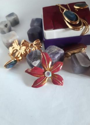 Брошь цветы орхидея, swarovski, винтаж эмаль, кристалл аврора