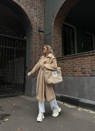 Жіноча тепла стильна еко-шуба з поясом, барашек-тедді