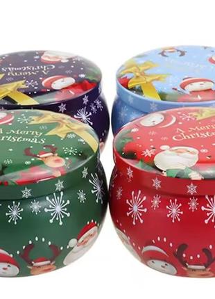 Свеча ароматическая с запахом 7×7см новогодняя в железнлй банке 115гр!!!