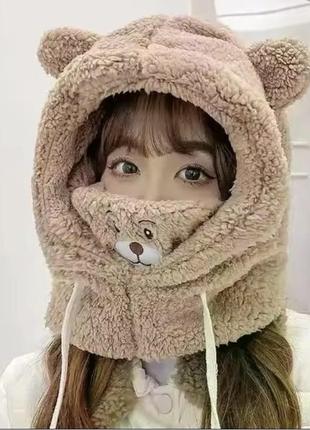 Шапка балаклава с маской медведь коричневая