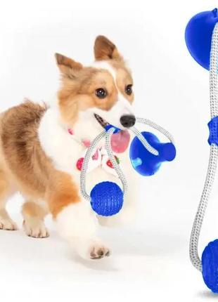 Багатофункціональна іграшка для собак канат на присоску з м'ячем4 фото