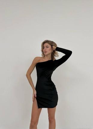 Платье из бархата / женское платье на одно плечо / платье женская ткань бархат цвет черный / нереальное платье черное на один рукав / есть обмен