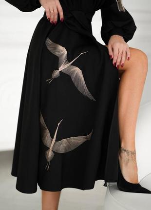 Сукня міді з вишитими журавлями, українська сукня вишиванка на запах, етно плаття, 7542