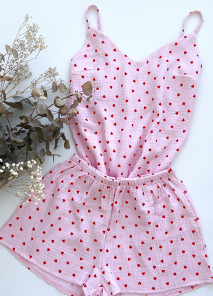 Розовая муслиновая пижама двойка в сердечки1 фото