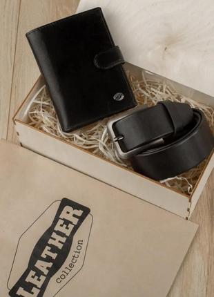 Подарочный мужской набор leather кожаный кошелек и ремень вертикальное портмоне из натуральной кожи