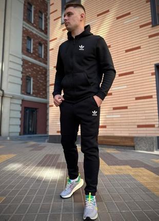 Зимний спортивный костюм adidas с начесом черная кофта на молнии + черные брюки