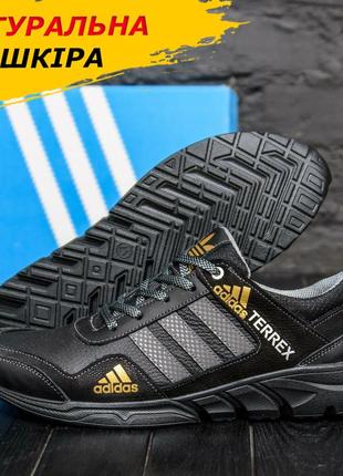 Осенние мужские кожаные кроссовки noir adidas terrex адидас черные спортивные из натуральной кожи весна осень *524*
