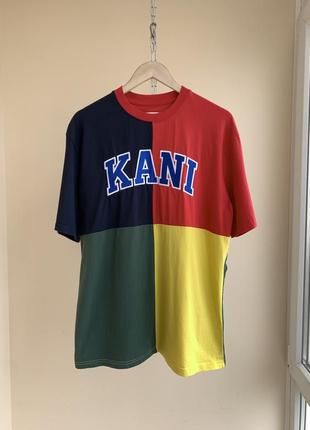 Колорблок футболка kark kani script logo retro colorblock t-shirt з великим вишитим логотипом різнокольорова оверсайз m