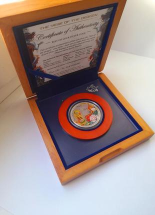 Острова кука 5 долларов 2012г. год дракона, proof,38,6мм,серебро 0.999,31,10гр.,футляр,сертификат