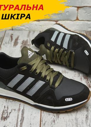 Осенние весенние мужские кожаные кроссовки noir adidas (адидас) черные повседневные из кожи весна осень *а-19-зел*