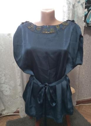 Гарна синя блуза під пояс 14.р.,наш 50