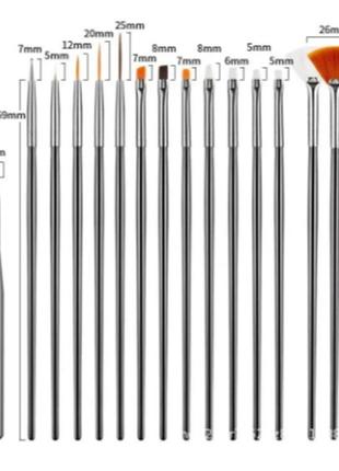 Набір різних пензлів для дизайну, пропису та нарощування нігтів 15 шт./пач чорні