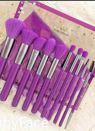 Набір неонових пензликів для макіяжу з косметичкою ruby face neon фіолетовий