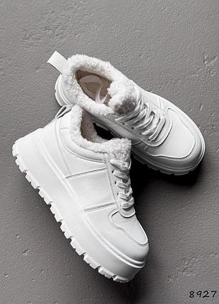 Кроссовки кеды зимние с мехом белые на высокой подошве платформе танкетке массивной