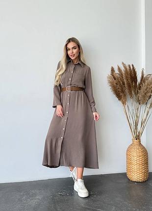 Якісна крепова довга сукня в стилі сорочки з коміром на ґудзиках  з довгими рукавами