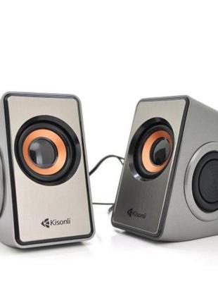 Колонки для пк и ноутбука kisonli t-007 multimedia speaker 4 баса usb - 2.0 / aux 3.5 mm 2x3w grey