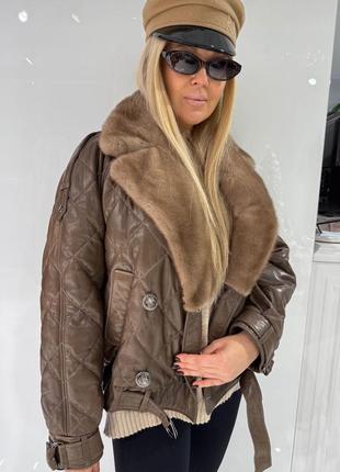 Зимний кожаный пуховик с норкой