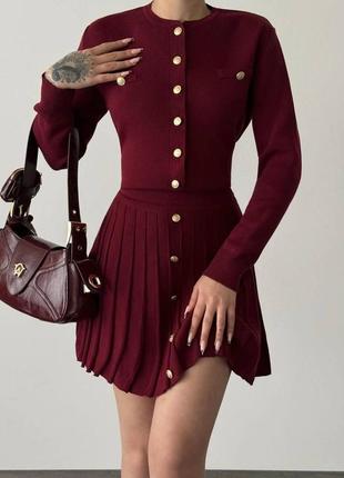 Костюм вʼязка кардиган спідниця пліссе чорний бордо марсала