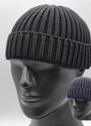 Шапка бини укороченная черная унисекс, мужская короткая шапка с открытыми ушами, черная шапка бини, шапка черная с подворотом, шапка бини