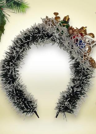 Обруч новорічний на голову з мішурою і новорічними іграшками, універсальний розмір, різнокольоровий ручна робота