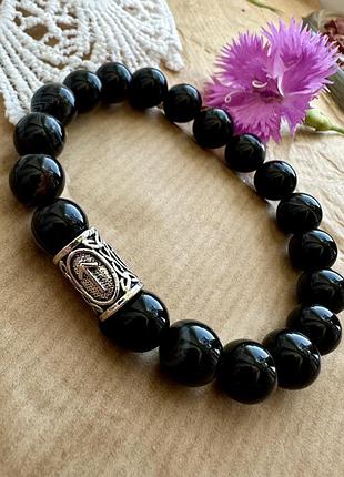 Браслет з чорного агату з руною тейваз