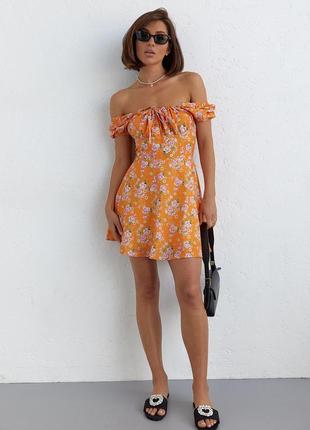 Женское летнее платье мини в цветочный принт - оранжевый цвет, крепдешин, цветочный, турция