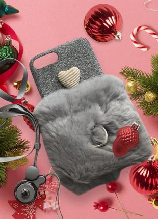 Новорічній різдвяний силіконовий чохол для на айфон iphone 7+/7 plus/8 плюс хутряний (хутро) з кільцем з ремінцем