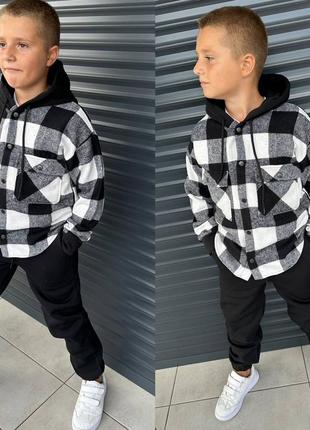 Трендовий костюм на флісі, сорочка клітинка + штани