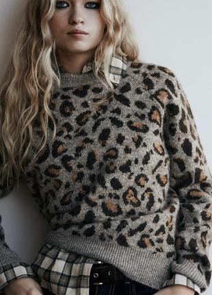 Жаккардовый свитер zara новая коллекция,светер zara,свитер из животного принта