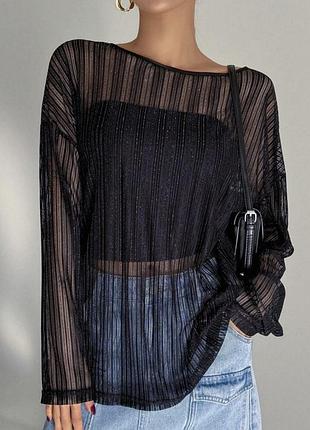 Топ сетчатый с длинным рукавом, блестящий, вертикальная полоска сетка накидка