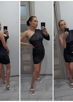 Стильное платье вечернее с вставками из сетки на один рукав