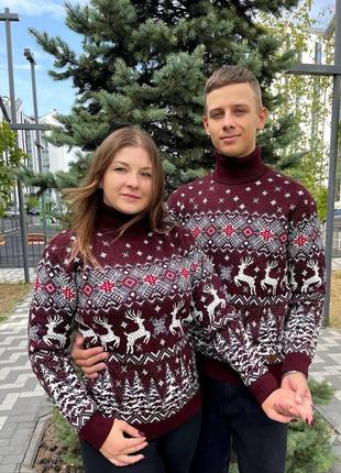 Новогодние свитера модель "режущий олень" с горлом