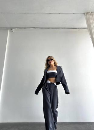 Крутой трендовый костюм тройка😍 укороченный пиджак + штаны палаццо + топ стильный комплект женский