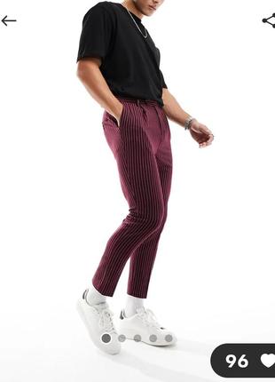 Бордові звужені штани в тонку смужку asos design