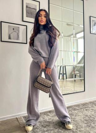 Серый женский ангоровый костюм широкие брюки палаццо свитер женский базовый универсальный ангоровый костюм