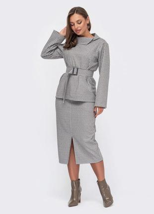 Теплий костюм зі спідницею в сірий принт | 86545