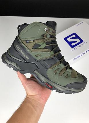 Зимові чоловічі кросівки salomon x beach 4 mid wide gtx winter fur khaki саломон кольору хакі хутро