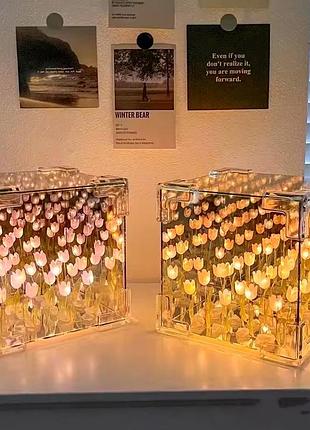 Світильник нічник тюльпани, куб з тюльпанами, дзеркальний нічник з тюльпанами2 фото