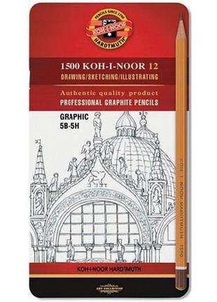 Набір графітних олівців koh-i-noor graphic 5в-5н 12 шт металева коробка