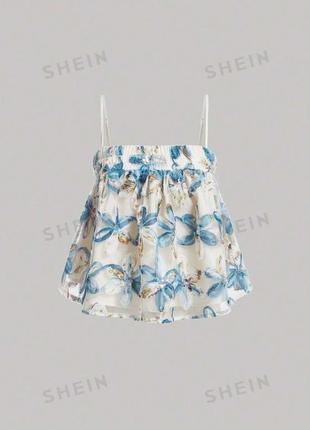 Біло блакитний топ shein з об’ємними квітами прикрашений пайєтками xs