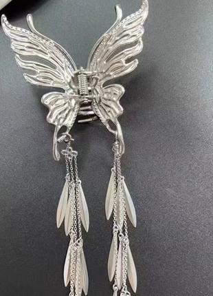 Крабик для волосся метелик сріблястий із підвісками, шпилька, затискач, прикраса/fs-2329