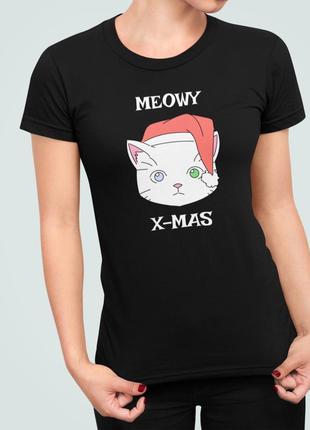 Жіноча новорічна футболка з принтом meowy christmas кіт